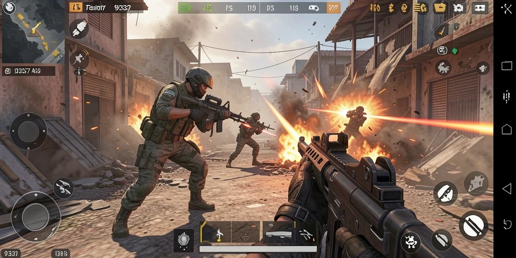 Screenshot dari gameplay FPS di 93337 dengan efek grafik yang menakjubkan.
