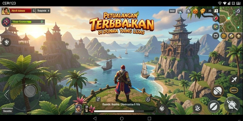Screenshot gameplay CERI123 yang menunjukkan dunia terbuka yang indah.