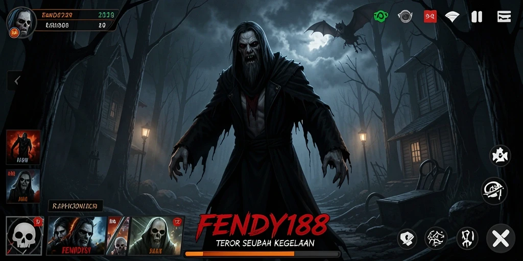 Screenshot utama FENDY188 menampilkan karakter dalam kegelapan yang mencekam.